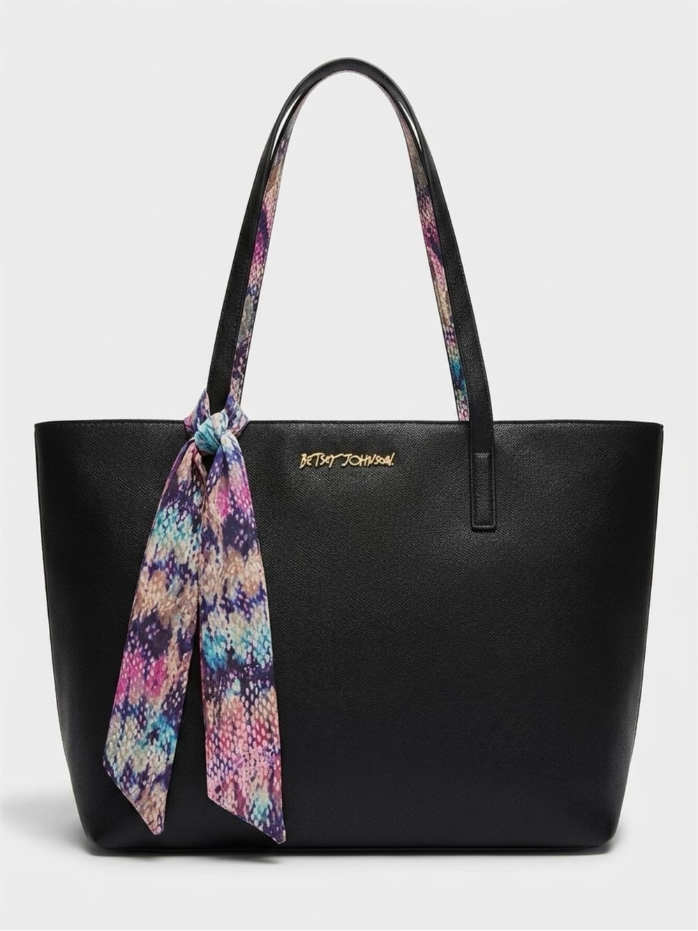 Betsey Johnson Black Tote with Colorful Scarf Accent Floral Interior